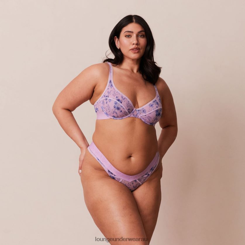 Floral Mesh Balcony Bra & Thong Set Underwear Lounge Women Lilac 240R48120