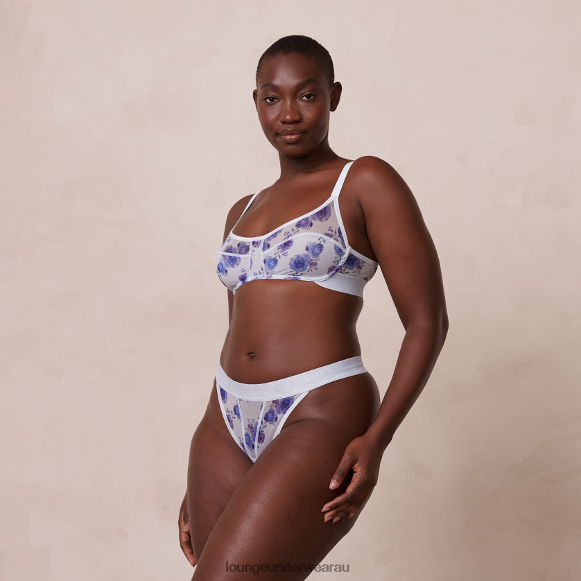 Floral Mesh Bra & Thong Set Underwear Lounge Women Blue 240R4885