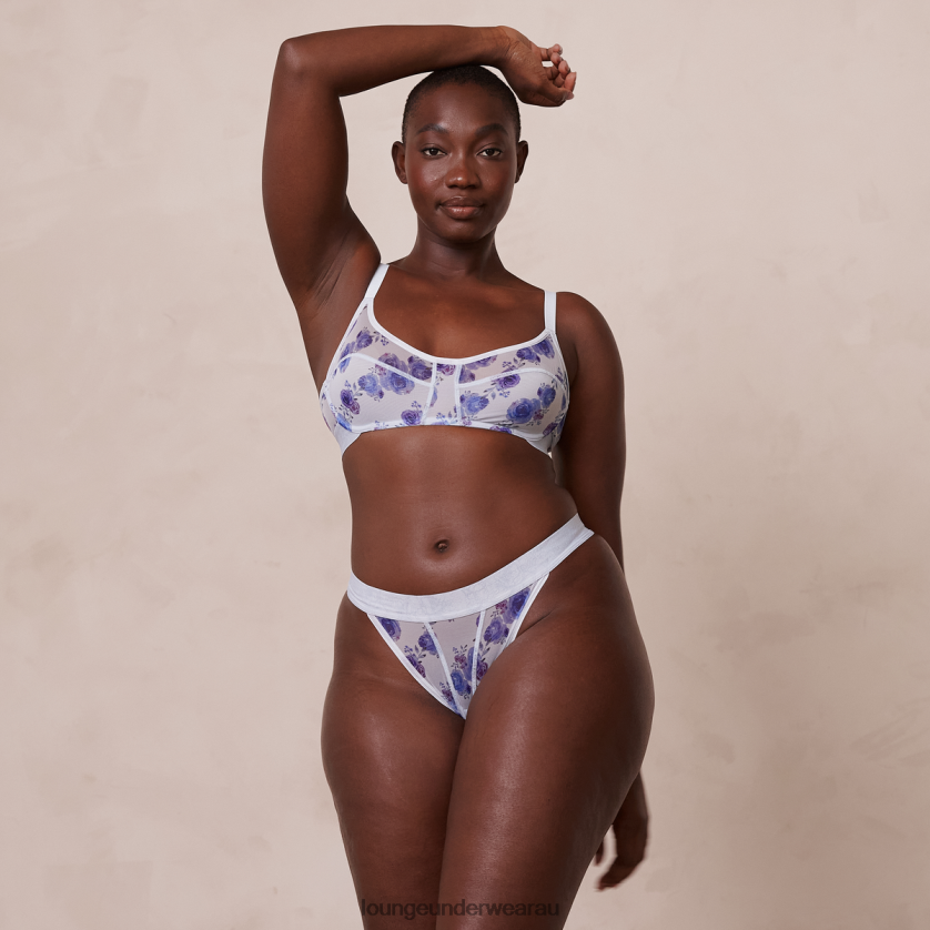 Floral Mesh Bra & Thong Set Underwear Lounge Women Blue 240R4885