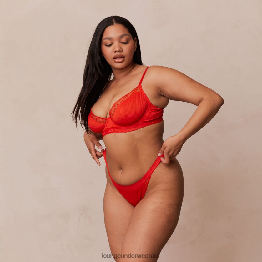 Ribbed Balcony Bra & Thong/Briefs Set Underwear Lounge Women Red 240R48131