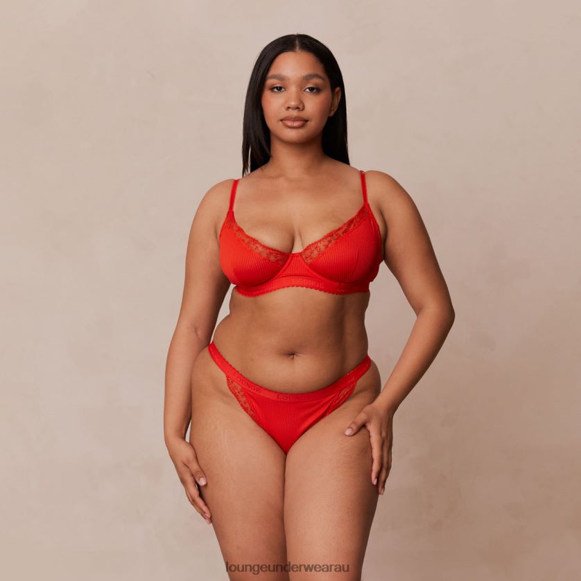 Ribbed Balcony Bra & Thong/Briefs Set Underwear Lounge Women Red 240R48131