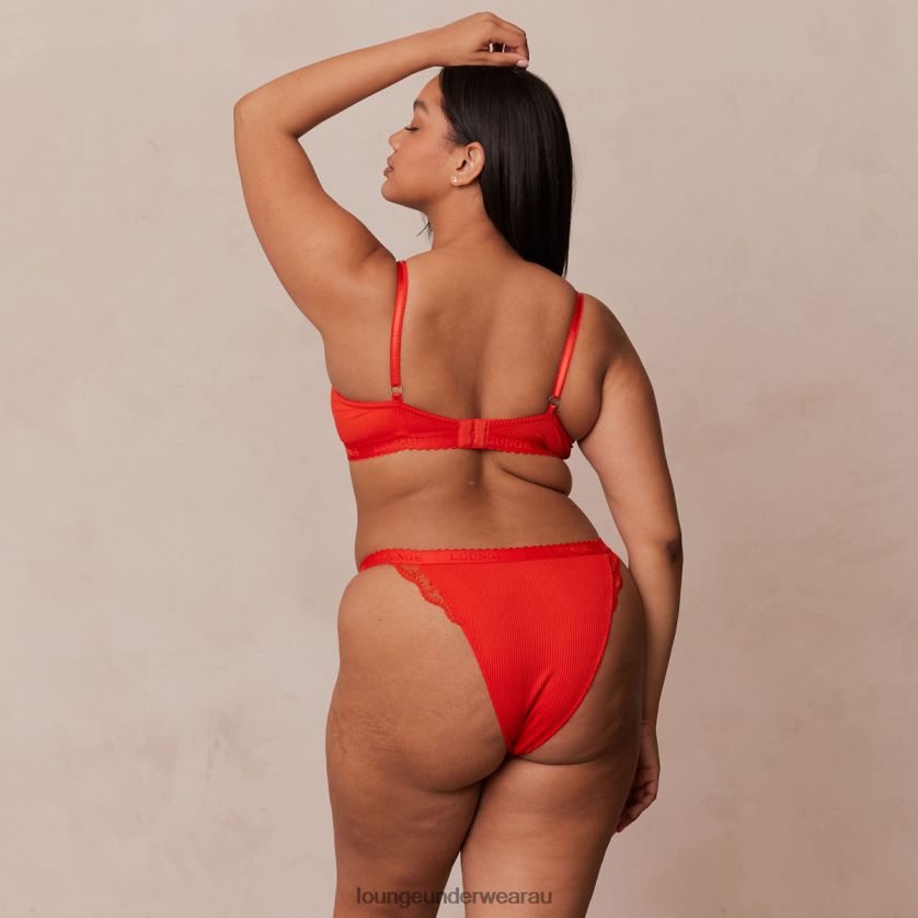 Ribbed Balcony Bra & Thong/Briefs Set Underwear Lounge Women Red 240R48131
