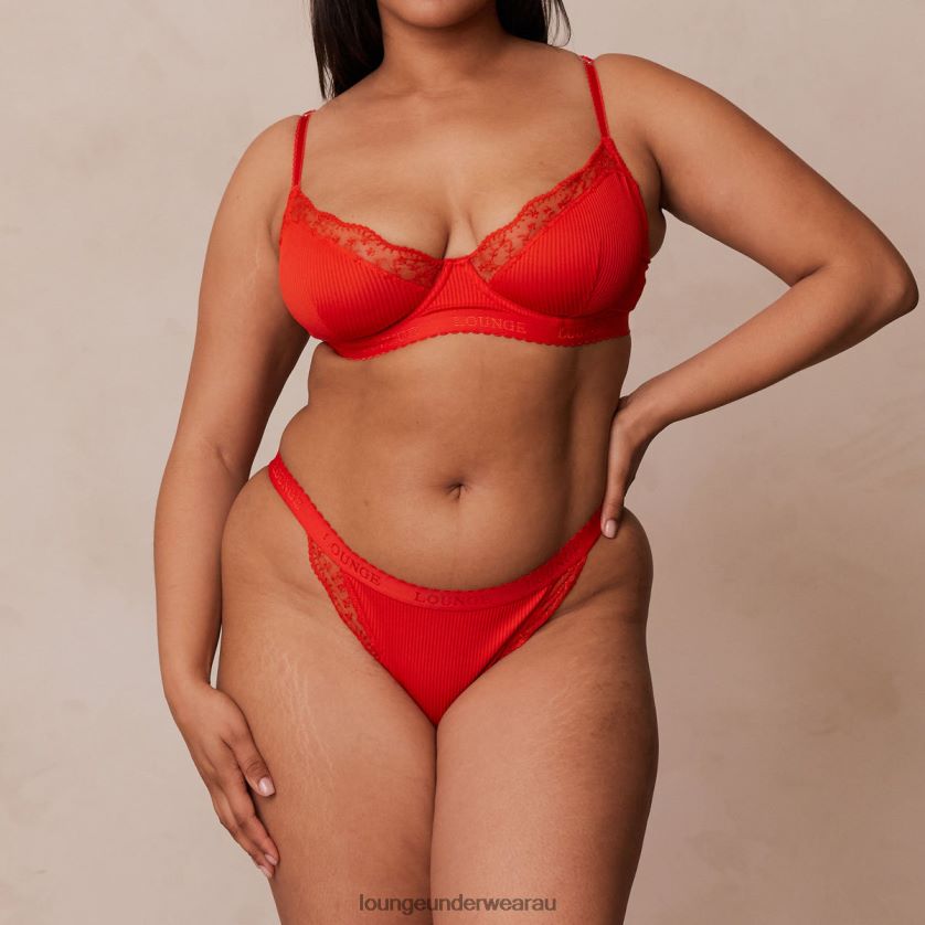 Ribbed Balcony Bra & Thong/Briefs Set Underwear Lounge Women Red 240R48131
