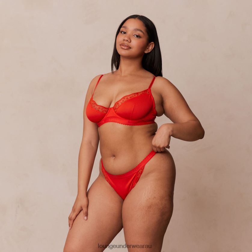 Ribbed Balcony Bra & Thong/Briefs Set Underwear Lounge Women Red 240R48131