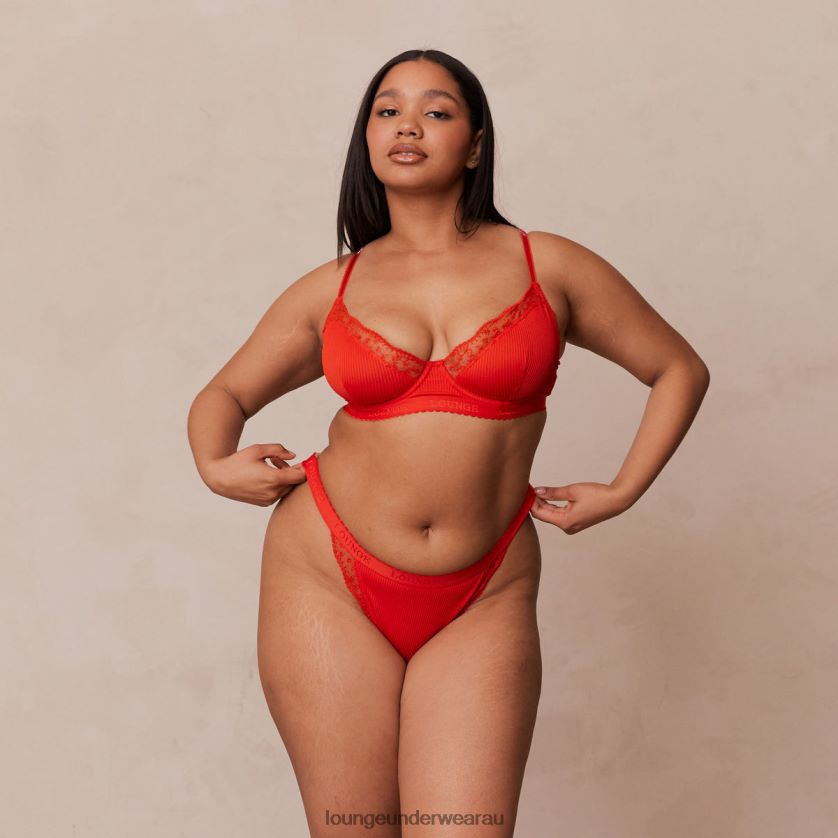 Ribbed Balcony Bra & Thong/Briefs Set Underwear Lounge Women Red 240R48131