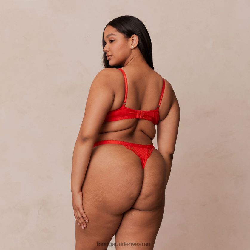 Ribbed Balcony Bra & Thong/Briefs Set Underwear Lounge Women Red 240R48131