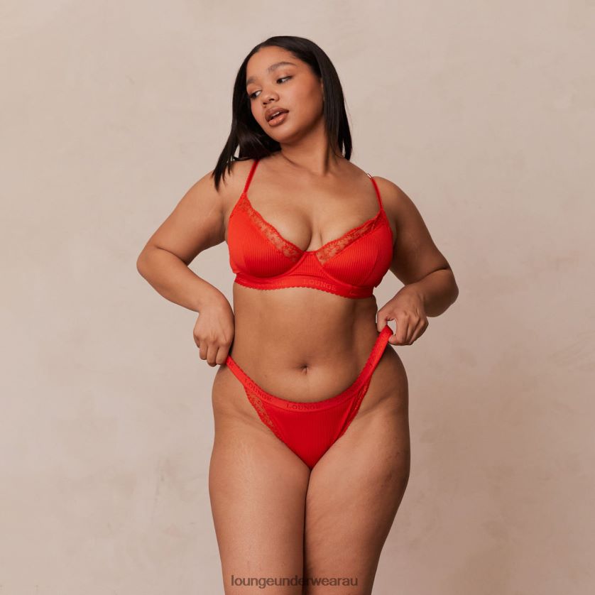 Ribbed Balcony Bra & Thong/Briefs Set Underwear Lounge Women Red 240R48131