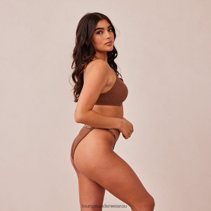 Smooth Front Fastening T-shirt Bra & Thong/Briefs Set Underwear Lounge Women Chestnut 240R48157