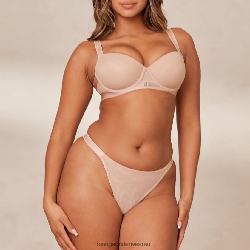 Smooth Mesh T-shirt Bra & Thong/Briefs Set Underwear Lounge Women Taupe 240R48127