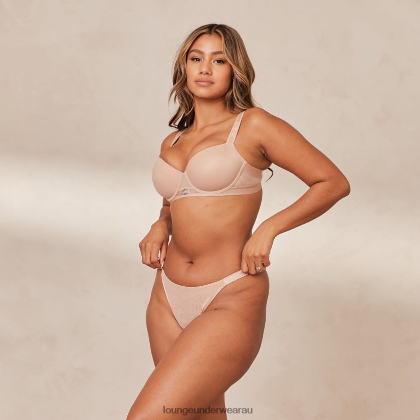 Smooth Mesh T-shirt Bra & Thong/Briefs Set Underwear Lounge Women Taupe 240R48127