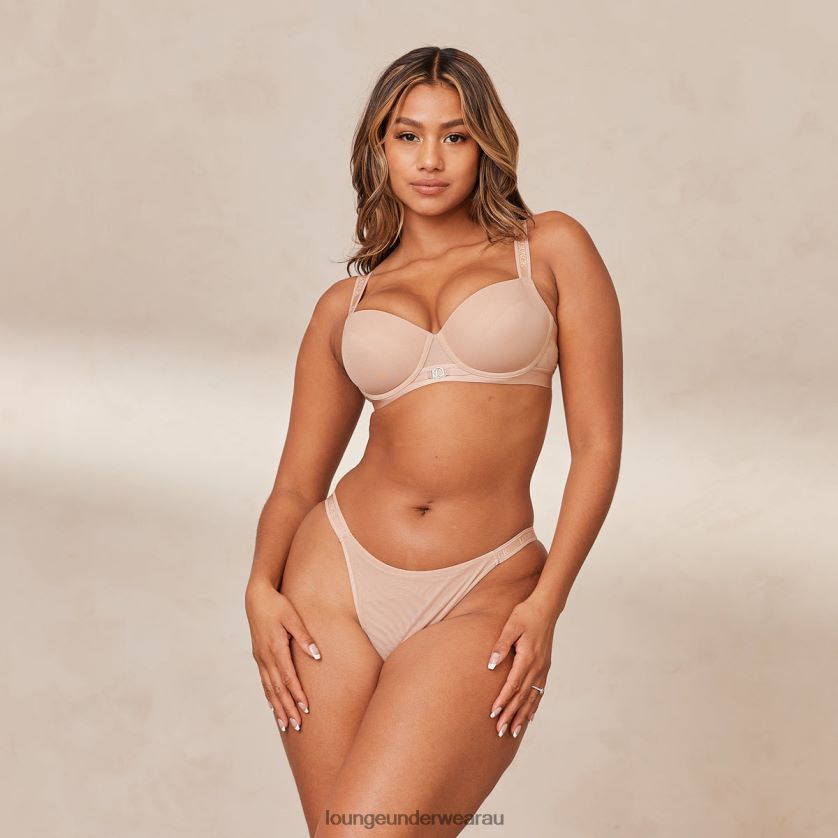 Smooth Mesh T-shirt Bra & Thong/Briefs Set Underwear Lounge Women Taupe 240R48127