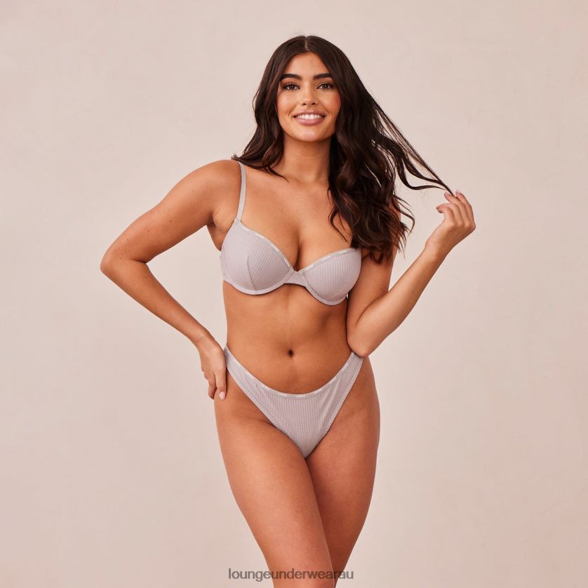 So Soft Ribbed T Shirt Bra & Thong Set Underwear Lounge Women Grey 240R4842