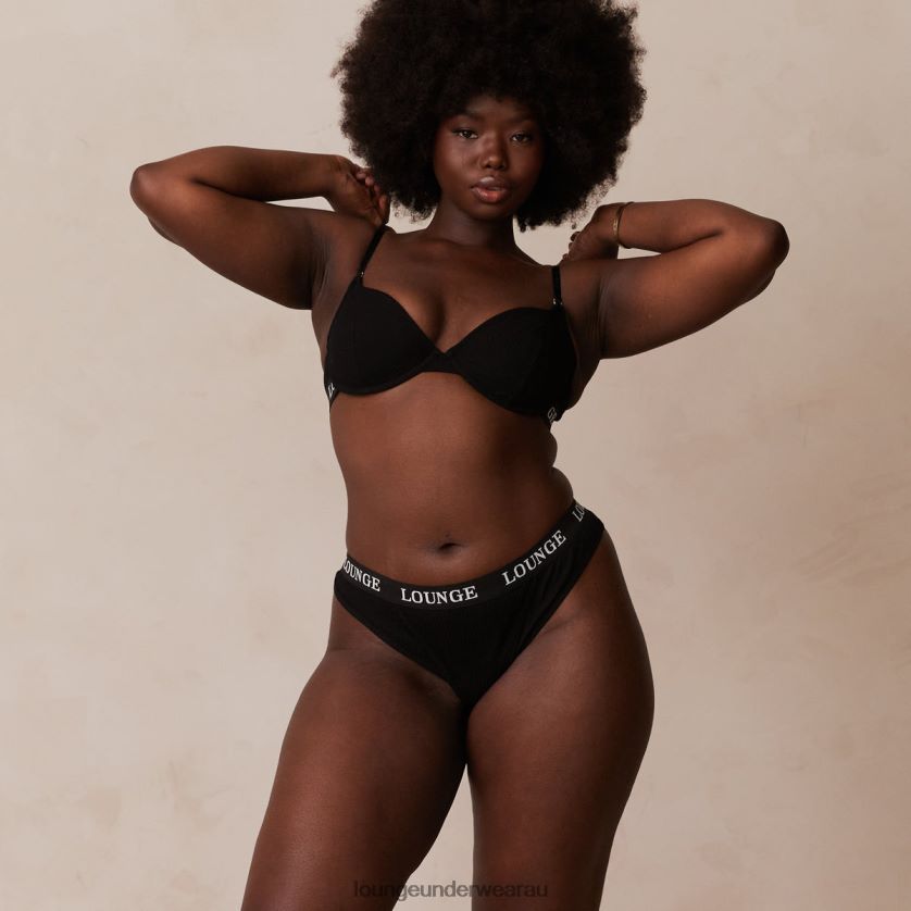 Ultra Comfort Ribbed T Shirt Bra & Thong Set Underwear Lounge Women Black 240R4864