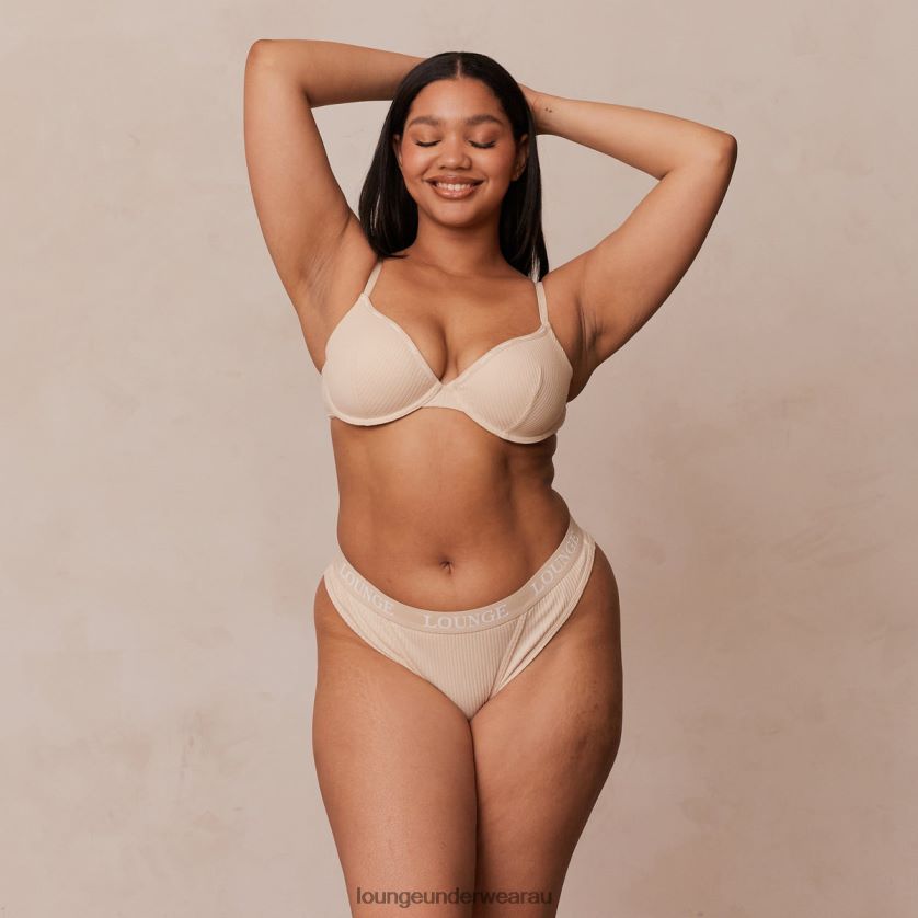 Ultra Comfort Ribbed T Shirt Bra & Thong Set Underwear Lounge Women Latte 240R4880