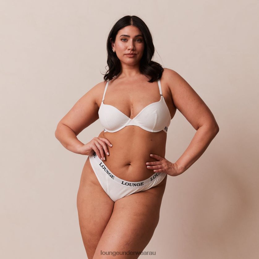 Ultra Comfort Ribbed T Shirt Bra & Thong Set Underwear Lounge Women White 240R4886