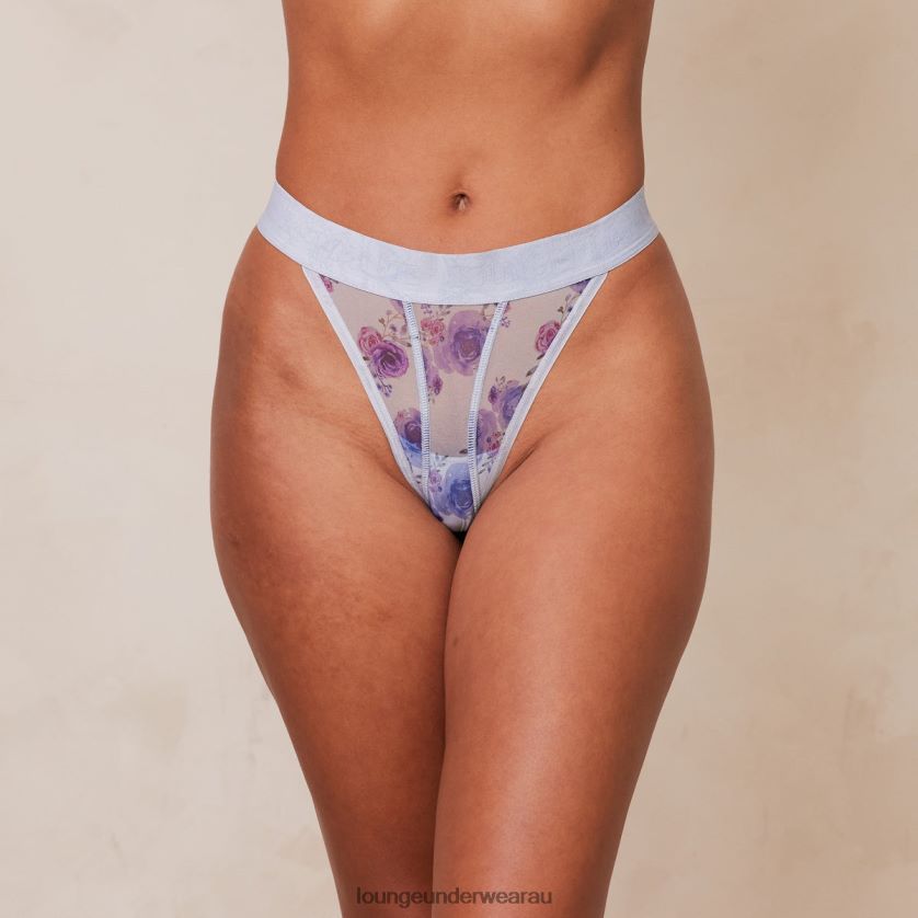 Floral Mesh Thong Underwear Lounge Women Blue 240R48295